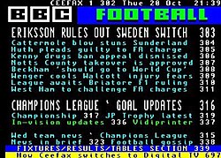 Ceefax page (showing football news) in 2009. A teletext service provided by the BBC from 1974 to 2012, it was a popular method to check score updates.[214]