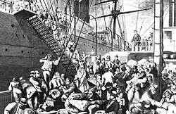 "From the Old to the New World" shows German emigrants boarding a steamer in Hamburg, to New York. Harper's Weekly, (New York) November 7, 1874.