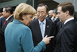 Ban with German Chancellor Angela Merkel and Russian President Dmitry Medvedev at the 34th G8 Summit, July 2008
