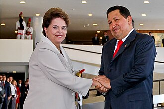 Brazilian president Dilma Rousseff and Hugo Chávez in Brasília, 2011.