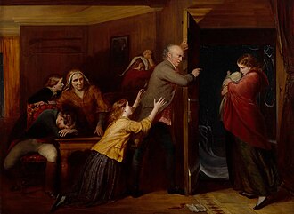 The Outcast, by Richard Redgrave, 1851. A patriarch casts his daughter and her illegitimate baby out of the family home.