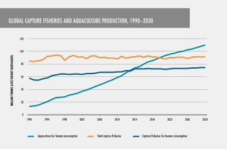 Global capture fisheries and aquaculture production reported by FAO, 1990–2030