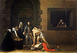 The Beheading of Saint John, by Caravaggio. Oil on canvas, 361 cm × 520 cm (142.13 in × 204.72 in). Oratory of the Co-Cathedral.