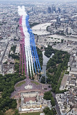 The Red Arrows flying over London in 2018 during the RAF centenary celebrations