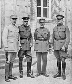 From left to right: General Philippe Pétain, British Field Marshal Sir Douglas Haig, General Ferdinand Foch and General John J. Pershing, all pictured here sometime in 1918