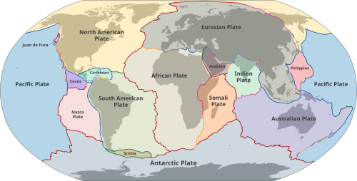 Sixteen principal tectonic plates of the continents and the floor of the oceans