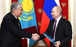 President Kassym-Jomart Tokayev with Russian President Vladimir Putin, 28 November 2022
