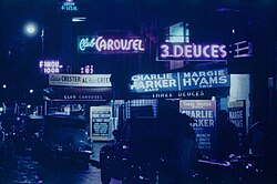 Marquee signage advertising the names of Parker and Margie Hyams at the Three Deuces, New York City, c. 1948