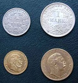 Gold mark coins (1⁄2, 1, 5 and 20 mark)
