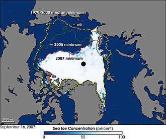 Arctic ice shrinkages of 2007 compared to 2005 and also compared to the 1979–2000 average.
