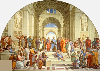 The School of Athens (1511) by Raphael: Contemporaries of the artist, including Leonardo da Vinci and Michelangelo, are represented in classical guise in this work emblematic of Renaissance humanism.