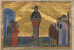 Symeon the Stylite, illustrated in the 11th century Menologion of Basil II.