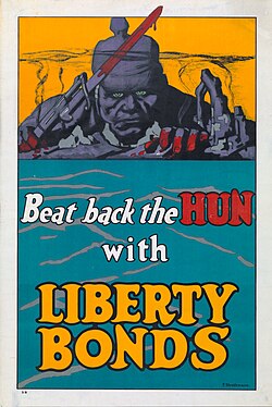 After war was declared, war bond posters negatively portrayed Germany