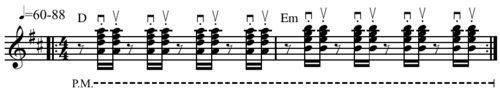 Skank guitar rhythm often considered "'the' reggae beat"[48]Play straightⓘ or Play shuffleⓘ.