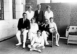 King Alfonso XIII and Queen Victoria Eugenie with their children at Santander's Palacio de la Magdalena. Standing, from left to right: Infanta María Cristina, the Prince of Asturias and Infanta Beatriz. Seated, from left to right: Infante Jaime, the Queen, the King, Infante Gonzalo and Infante Juan seated on ground.