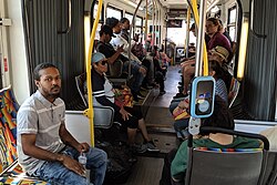 Interior of an articulated bus in Los Angeles