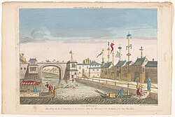 The port town of Hội An and its bridge in the 18th century. Watercolour engraving by Jacques Chereau (1688–1776), circa 1750.