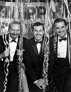 Carson's first Tonight Show on New Year's Eve, 1962; shown with Skitch Henderson and Ed McMahon