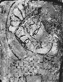 Ghaznavid portrait, Palace of Lashkari Bazar. Schlumberger noted that the turban, the small mouth and the strongly slanted eyes were characteristically Turkic.[266]