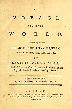 Cover page of the English edition of Bougainville's travelogue (1772).