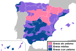 Regions with the merger (yeísmo) in blue, regions with distinction in pink, mixed regions in purple[image reference needed]