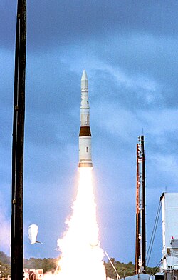 A payload launch vehicle carrying a prototype exoatmospheric kill vehicle is launched from Meck Island at the Kwajalein Missile Range on December 3, 2001, for an intercept of a ballistic missile target over the central Pacific Ocean.
