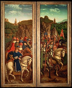 Knightly cavalry and noblemen, painting by Jan van Eyck (c. 1390–1441)