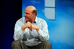 CEO Steve Ballmer at the MIX event in 2008. In an interview about his management style in 2005, he mentioned that his first priority was to get the people he delegates to in order. Ballmer also emphasized the need to continue pursuing new technologies even if initial attempts fail, citing the original attempts with Windows as an example.[39]