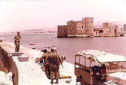 Israeli soldiers in the port of Sidon, June 1982