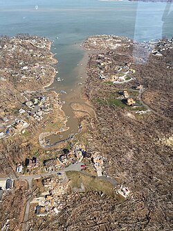 Aerial imagery of widespread destruction in Cambridge Shores, where the tornado impacted at low-end EF4 intensity