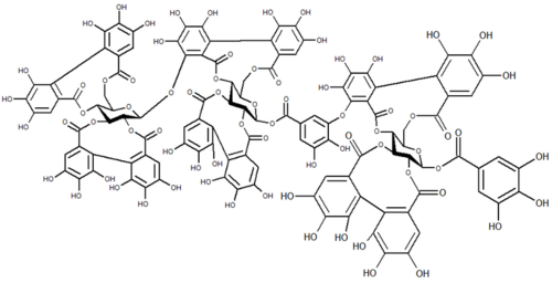 Raspberry ellagitannin, a tannin composed of 14 gallic acid units around a core of three units of glucose, with two gallic acids as simple esters, and the remaining 12 appearing in 6 ellagic acid-type units. Ester, ether, and biaryl linkages are present, see below.