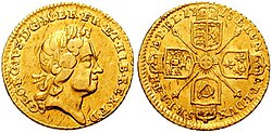 A 1718 quarter-guinea coin from the reign of George I, showing him in profile