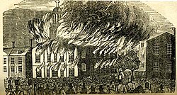 St. Augustine's Church on fire. Anti-Irish, anti-Catholic Nativist riots in Philadelphia in 1844.