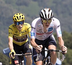 Pogačar (right) leading race leader Jonas Vingegaard during the 2022 Tour de France
