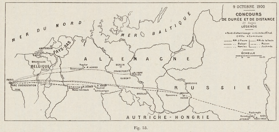 Map of flights in the race for overall duration and distance (9 October 1900). The team of Henry de la Vaulx and Georges Castillon de Saint-Victor set world records for distance (1925 km, Paris to Kyiv) and duration (nearly 36 hours).[5]