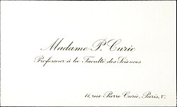 Marie Curie's business card as professor at the Faculty of Sciences