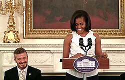 Beckham with United States First Lady Michelle Obama at the White House, 15 March 2012