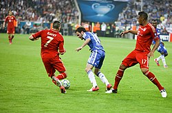 Juan Mata (in blue) taking on Ribéry in the 2012 UEFA Champions League Final