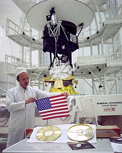 Preparation for the record's packaging before the launch of Voyager 2