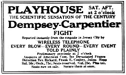 Advertisement promoting theater attendance to hear the ringside commentary broadcast by RCA's temporary station, WJY (1921)