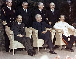 British Prime Minister Clement Attlee, US President Harry S. Truman, and Stalin at the Potsdam Conference, July 1945