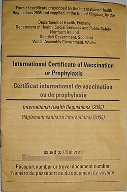 The cover of a certificate that confirms the holder has been vaccinated against yellow fever