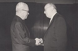 Giurescu (right) receiving an award in 1971 from Emil Bodnăraș