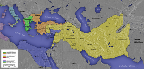 The major Hellenistic realms included the Diadochi kingdoms: Also shown on the map: The orange areas were often in dispute after 281 BC. The Attalid dynasty occupied some of this area. Not shown: Indo-Greek Kingdom.