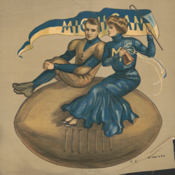 A 1907 postcard illustrated by F. Earl Christy that features a Michigan football theme