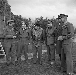 General Sir Bernard Montgomery with his senior officers at Eighth Army Headquarters at Vasto, Italy, 1943. From left to right, Freddie de Guingand, Harry Broadhurst, Montgomery, Sir Bernard Freyberg, Miles Dempsey and Charles Allfrey