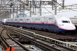 A Tokyo-bound E4 Series Shinkansen train. As of October 2021, these have since been retired.
