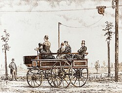 The Elektromote, the world's first trolleybus,[6] in Berlin, Germany, 1882