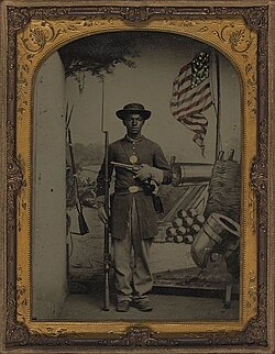 Portrait of an African American Union soldier at Benton Barracks