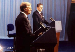 President Jimmy Carter (left) debates Republican nominee Ronald Reagan on October 28, 1980, during the 1980 U.S. presidential campaign.